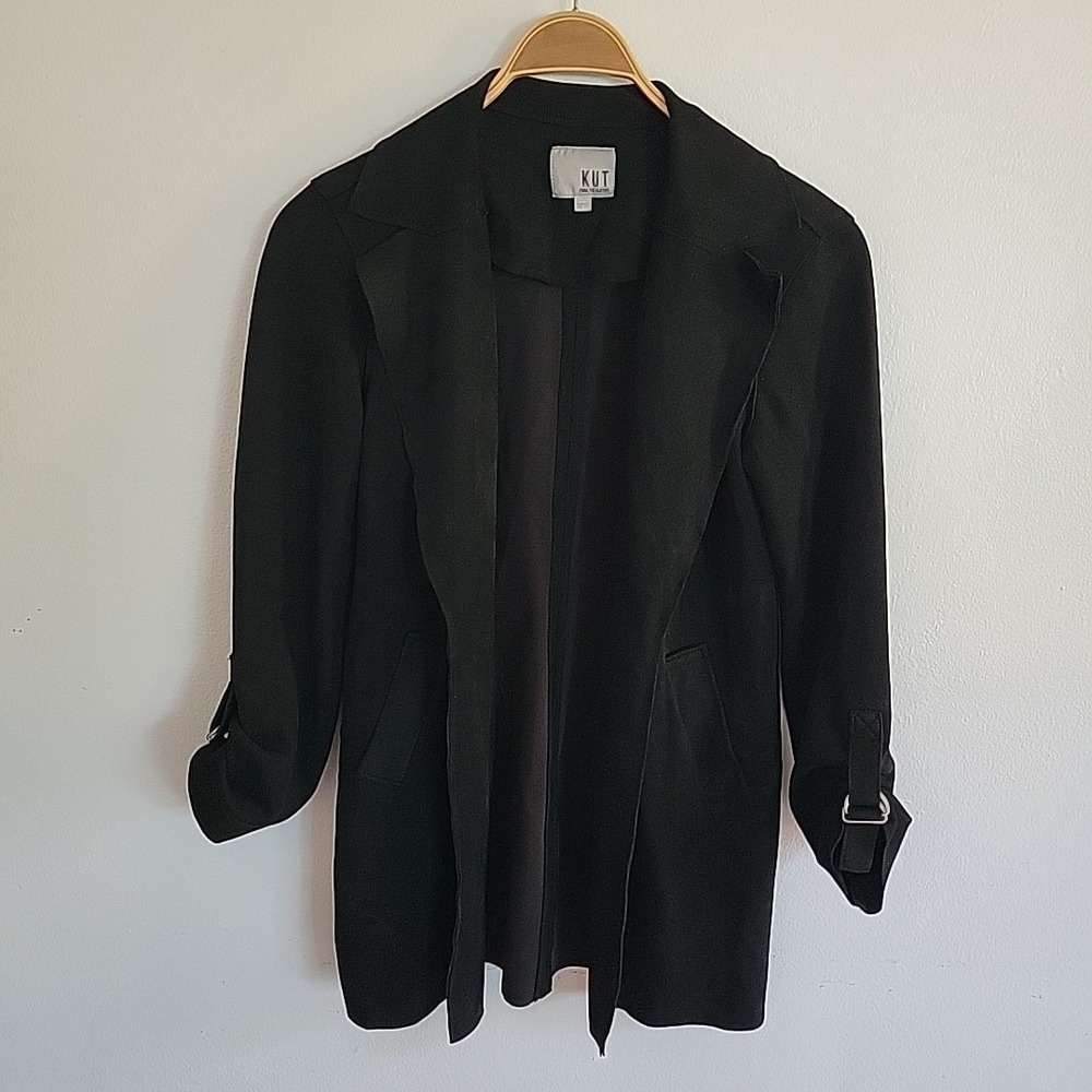 Kut From The Kloth Faye‎ Faux Suede Jacket Black Open Front Long Roll Tab Sleeve